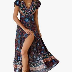 PRETTYGARDEN Floral Wrap Maxi Dress XL Bohemian Tie Waist Ruffle Flutter Sleeve